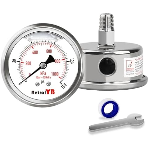 AetralYB Full Stainless Steel Pressure Gauge,2.5 Inch Dial, Full 304 Stainless Steel, 150Psi/1000Kpa Range, Back Mount, 1/4" NPT, Glycerin Filled Water Pressure Gauge for Water,Air,Chemical Industry Cover