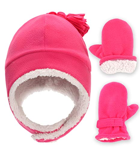 Baby & Toddler Sherpa Lined Fleece Winter Hat & Mitten Set - Warm Snow Trapper Pom Hat & Gloves for Infant Kids, Boys & Girls