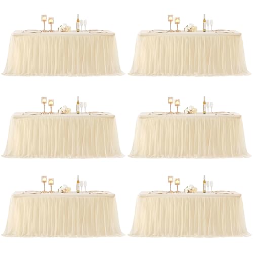 Champagne Tablecloth for 8 Foot Rectangle Tables, Ruffle Tulle Table Skirt for Rectangle Table 8ft Tables Cover Fitted Banquet Birthday Party Wedding Tablecloth Elastic Stretch