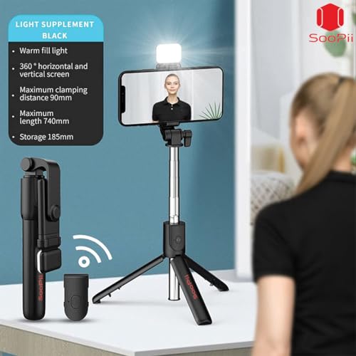 Image of SooPii Selfie Stick Tripod with Fill Light, 7.5-28inch Phone Tripod Stand with Wireless Remote, 3 in 1 Multifunctional Extendable Selfie Stand, Gimbal Mobile Stick Perfect for Selfies /Live Streaming