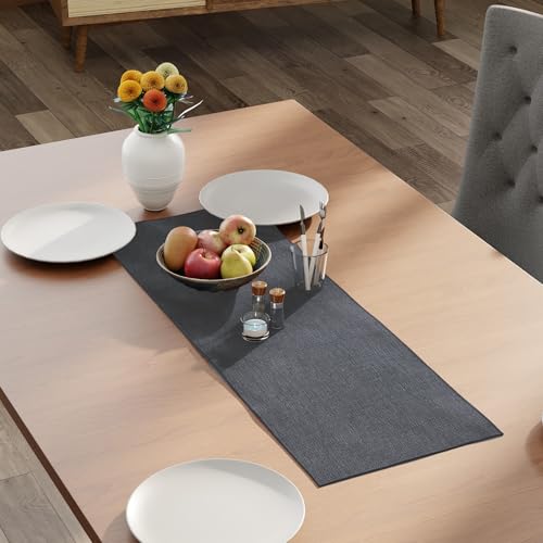 Image of Encasa XO Dining Table Runner for 4 to 6 Seater | 32x91 cm | Grey | Chenille Fabric | Machine Washable