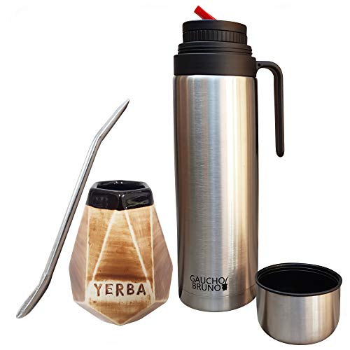 Gaucho Bruno - Kit con Mate de cerámica, bombilla de acero inóxidable y Termo - Mate de cerámica grande con forma de prisma, bombilla de acero inoxidable y termo de 1 litro con 'Pico cebador'