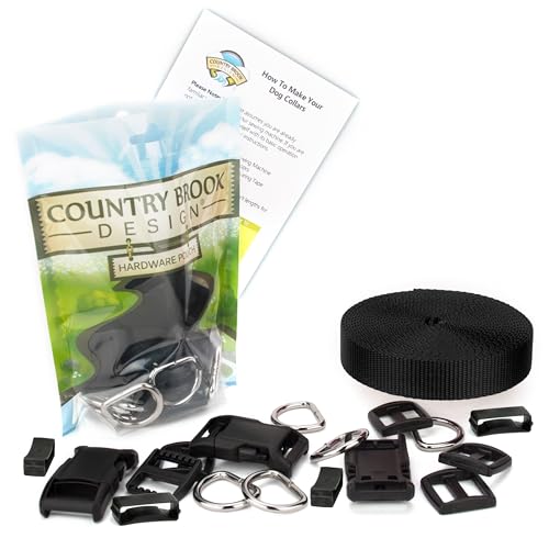 Country Brook Design Easy DIY Dog Collar Kit for (10) 1 Inch Collars with Nylon Webbing, D-Rings, Triglides and Buckles (Black)
