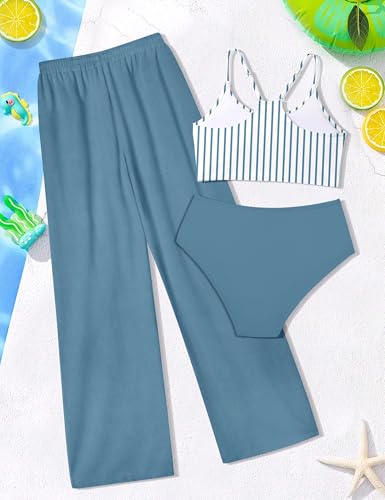 Image of NECIOUS Girls Swimsuit, 3 Piece Bikini Bathing Suit Tropical Floral Swimwear with Cover Up Pants 7-16Y