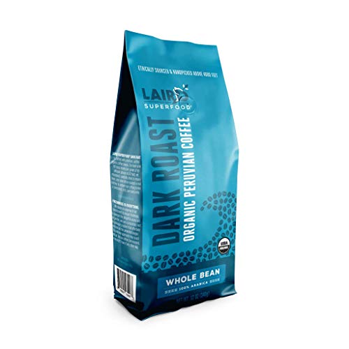 Laird Superfood Peruvian Dark Roast Caffeinated Coffee - Ethically Sourced Premium Organic Whole Bean Coffee, New 12oz Bag 