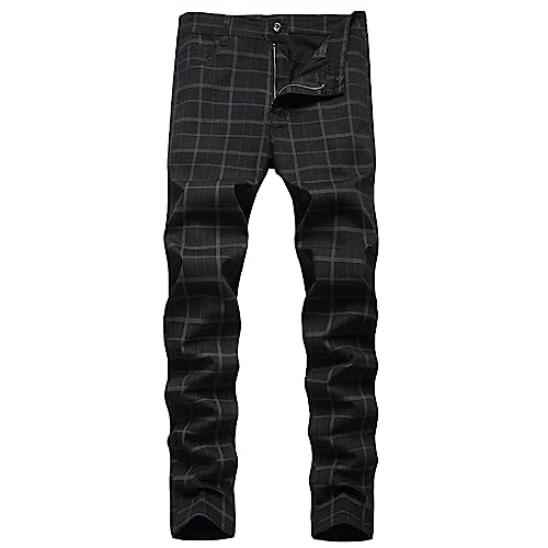 YIHUILONG Men's Plaid Pants, Skinny Dress Pants for Men Slim Fit Flat-Front Stretch Fashion Business Casual Chinos Pants(Black38)