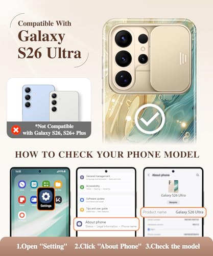 Image of GVIEWIN for Samsung Galaxy S26 Ultra Case, [Slide Camera Cover & Built-in HD Screen Protector] [2 Front Frames] Shockproof Military Grade Protective Marble Phone Case for S26 Ultra 6.9 inch (Glaze)