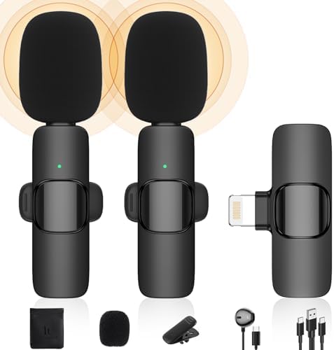 Wireless Lavalier Microphone Compatible with iPhone/iPad/iOS Phone/MacBook, Plug-Play Lapel Clip-On Mic with Noise Reduction for Video Recording/Live Steam/Interview/TikTok/YouTube (2 Mics)