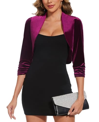 Image of MINTLIMIT Women's Velvet Bolero Shrug Top Ruched 3 /4 Sleeve Open Front Cocktail Party Cropped Cardigan for Dress