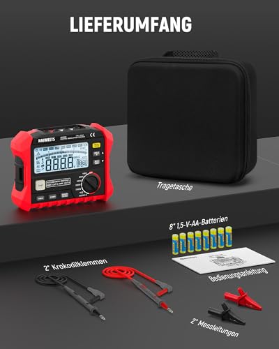 KAIWEETS Isolationswiderstandsmessgerät, bis zu 200 GΩ, Profi-Megohmmeter, 100 V/250 V/500 V/1000 V/2500 V, One-Touch-DAR/PI, misst Widerstand, Wechsel-/Gleichspannung für HLK, Motoren, Solar,