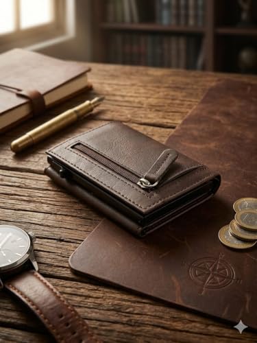 Image of Slim Leather Card Holder Wallet, Black, RFID Blocking, Zipper Pocket, Pop-Up Card Ejector (Brown)