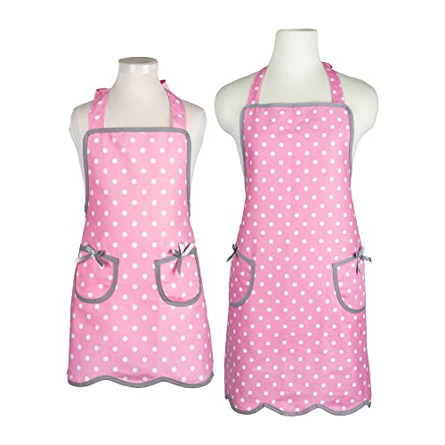 NEOVIVA Kitchen Aprons with Pockets for Mother and Daughter, Mama and Me Aprons Set for Cooking, Baking and Gardening, Style Wendy, Polka Dot Pink