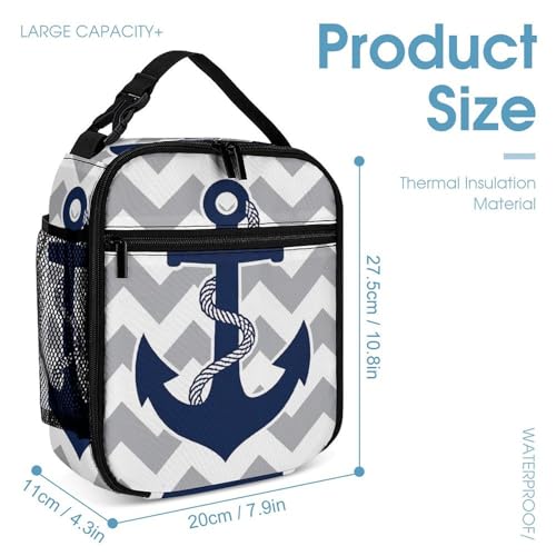 Backpack Bookbag Set Backpack with Lunch Box and Makeup Bag Travel Bookbag Daypack Set (Navy Tie Gray White Chevron Waves Print Nautical Anchor)4