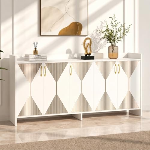 Image of Spyder Craft Mid-Century Modern 5-Door Sideboard Buffet - Geometric Diamond Pattern Credenza with Gold Hardware & Tapered Legs - Large Wood Storage Cabinet for Living Room, Dining Room- White