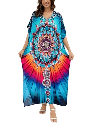 Image of IMAGEKOPE Women's Plus Size Loose Fit Moroccan Print V-Neck Batwing Kaftan Beach Dress Bathing Suit Cover Up