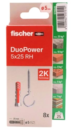 fischer - Duopower 5x25 Con Hembrilla Abierta- 8U, Tacos para pared multimaterial, sirven para Colgar Bicicletas, Cuadros, Armarios, Soportes de Televisión, Estanterías, Muebles.