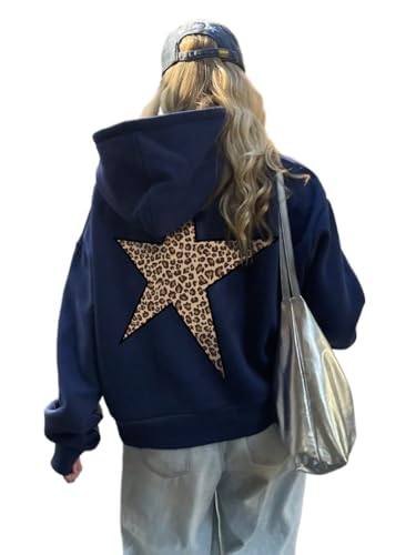 Best Rose Leopard Print Star Graphic Oversized Hoodie for Women Casual Pullover with Animal Print Back Design Daily Wear, Blue, Medium