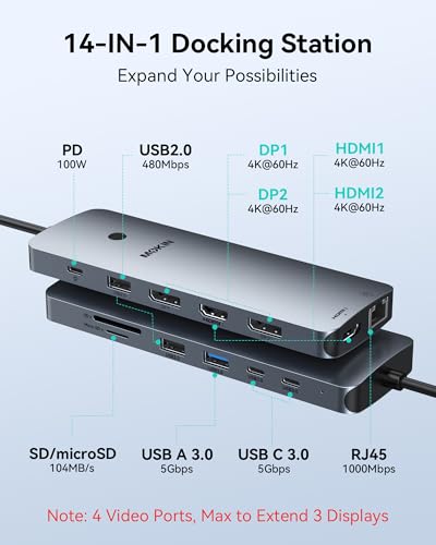 Image of Laptop Docking Station 3 Monitors, USB C Hub with 2 HDMI 2DP, RJ45 Ethernet, 5 Gbps USB C /A, 100W PD SD /microSD for Dell /HP /Lenovo - MOKiN