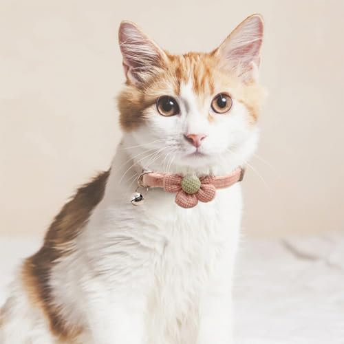 Image of HASTHIP Cat Belt, Cat Collar with Bell, Pink Flower Cat Collar Soft & Comfortable Cute Pet Collar Silver Cat Bell Adjustable Cat Neck Belt