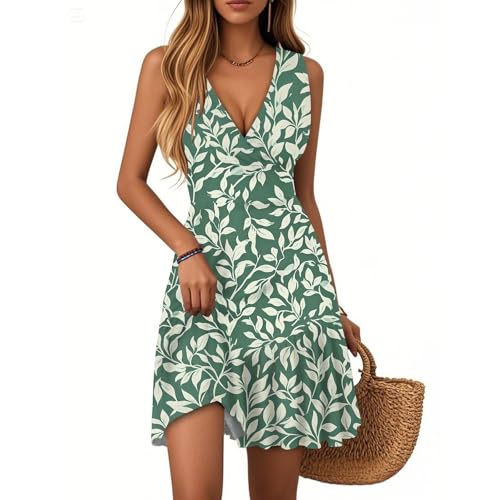 Wickelkleid Damen Kleid Langarm Damen Abendkleider Elegant Für Hochzeit Frau Sommer V-Ausschnitt Ärmellos Blumen Sommerkeider Elegant Strand Kurz Kleid Beach...