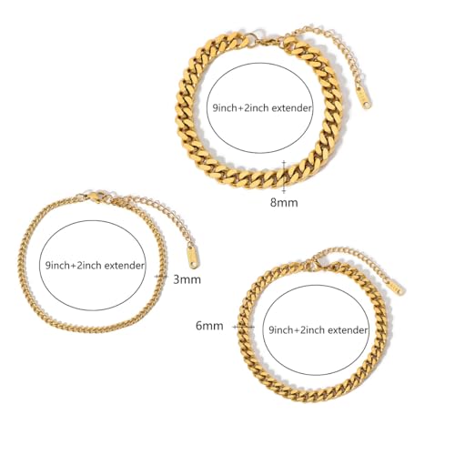 3 PCS Gold Ankle Bracelets for Women 14k Gold Stainless Steel Anklets for Women Waterproof Cuban Link Anklets Layered Plus Size Ankle Bracelet Gold Jewelry Set Gift3