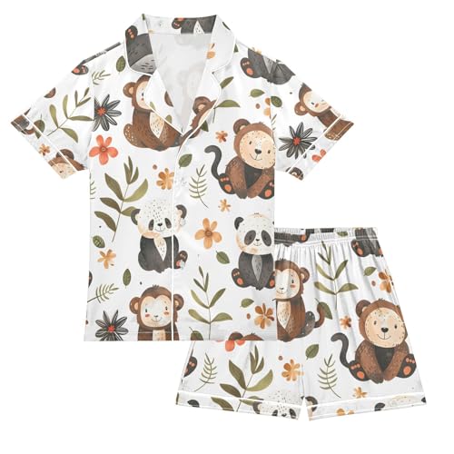 ALAZA Panda Monkey Leaves Pajamas Satin Pajama Set Short Sleeve Button Down Sleepwear