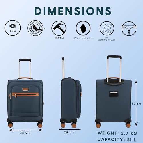 Image of F Gear Softair Small Cabin Soft Luggage | Lightweight Expandable Carry-On Trolley Bag with 360 Spinner Wheels, Silent 8-Wheel System, Built-in TSA Lock, Anti-Theft Zipper & Luggage Tag (.Navy)