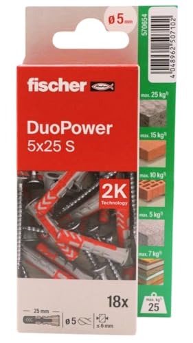 fischer - Duopower 5 x 25 avec vis - 18U, chevilles murales multi-matériaux, pour accrocher des vélos, des cadres, des armoires, des supports de télévision, des étagères, des meubles.