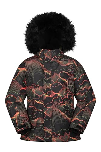 Image of Mountain Warehouse Berg Kids Printed Snow Jacket - Waterproof Padded Cost with Detachable Hood, Snowskirt, Boys & Girls - Winter Skiing, Winter Sports, Walking Black Kids Size 5-6 Years