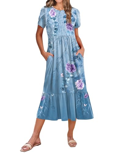 Zeagoo Summer Long Dresses for Women 2026 Short Sleeve Casual Loose Midi Dress with Pockets A Line Tiered Flowy Sundress Empire Waist Shift Tshirt Dresses Blue Floral-2 XXL