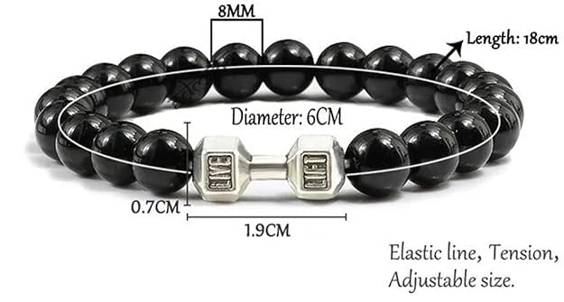 Buy VR Creatives Natural Black Matte Onyx Beads Dumbbell Charm Fitness Bracelet for Men, Women, Boys, Girls, Gym Lovers at Amazon.in - Image 2