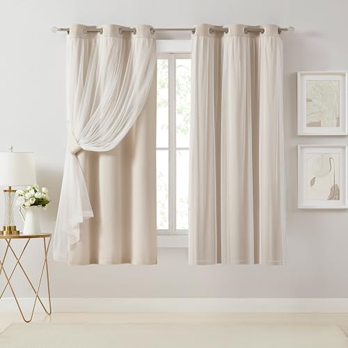 Image of Bujasso Beige 80% Blackout Curtains with Sheer Overlay Mix and Match Double Layer Thermal Insulated Window Panels 63 inch for Living Room Bedroom Beige Drapes with Tiebacks Grommet Top 37" Wx63 Lx2