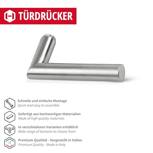 JUVA Türbeschlag Edelstahl Türgriff Gehrung Drückerpaar Zimmertür - L-Form Türklinke 1802 | Türdrücker für Rosetten-Garnituren zum Nachrüsten, Edelstahl matt | 1 Paar Türgriffe mit Drückerstift