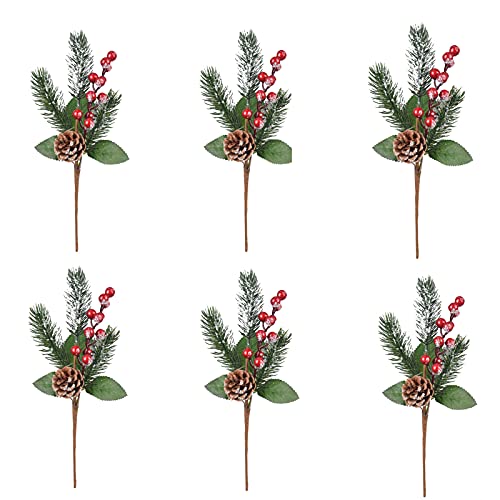 Plcnn 6 Stück rote Weihnachtsbeeren Picks 27,9 cm künstliche Tannenstiele rote Beeren Stiele Tannenzweige Weihnachten Stechpalme Picks und Sprays für Urlaub DIY Handwerk Dekorationen Cover