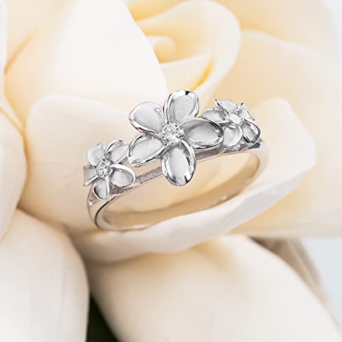 Aloha Jewelry Company 925 Sterling Silver Cubic Zirconia Three Hawaiian Plumeria Flower Eternity Band Promise Wedding Engagement Ring, Nickel Free Hypoallergenic for Sensitive Skin, Gift Box Included2