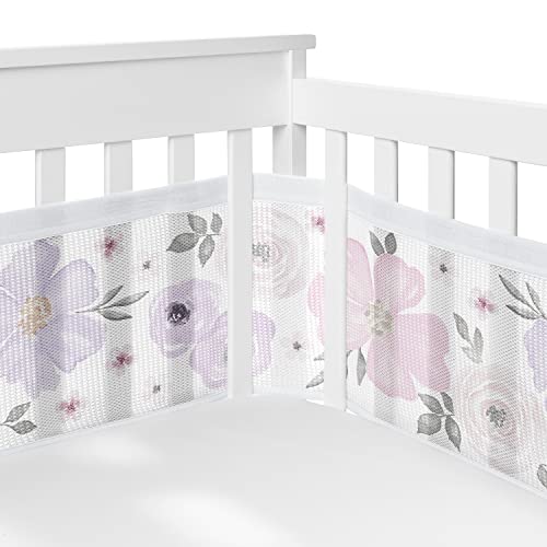 Image of Sweet Jojo Designs + BreathableBaby Lavender Purple Boho Floral Girl Breathable Mesh Crib Liner Baby Infant Grey Bohemian Farmhouse Shabby Chic Rose Lily Watercolor Flower Elegant Gray