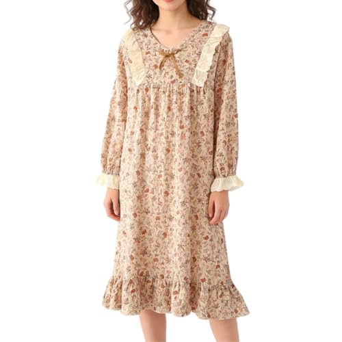 Image of RXPRXP Vintage Cottagecore Nightgown for Women– Long Sleeve Rose Floral Cotton Sleep Dress, Soft & Flowy (Nightgown A,L)