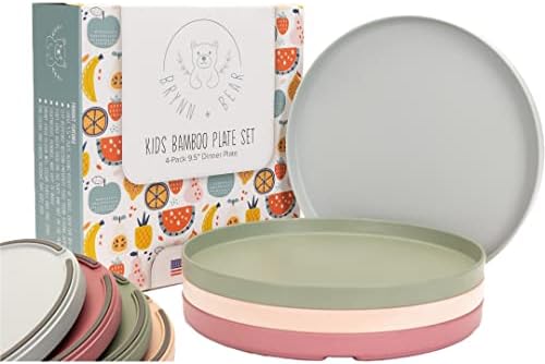 Brynn + Bear Kids Bamboo Plate | Set of 4 | 9.5 Inches | Premium Quality | Slide Resistant | Dishwasher Safe | Designed in USA | Ice, Sage, Rose, Terracotta
