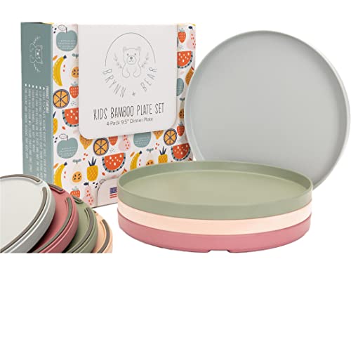 Brynn + Bear Kids Bamboo Plate | Set Of 4 | 9.5 Inches | Premium Quality | Slide Resistant | Dishwasher Safe | Designed In Usa | Ice, Sage, Rose, Terracotta #TOP23
