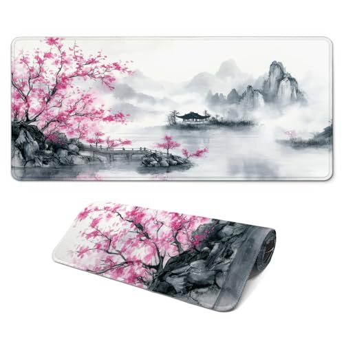 FTSYAD Gaming Mouse Pad, Large 31.5 x 11.8 inches Mousepad, Long Keyboard Pad, Cute Mouse Mat for Computer with Stitched Edges and Non-Slip Base (Pink Cherry Blossoms)