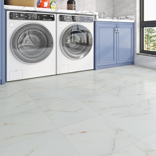 Livelynine PVC Bodenbelag Selbstklebend Fliesen Marmoroptik Hell 30x30CM Klebe Vinylboden Selbstklebend Weiss 16-Fliesen PVC Fliesen Selbstklebend Küche Boden Badezimmer Wohnzimmer Vinyl Bodenbelag