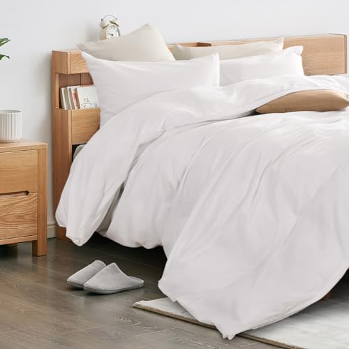 Image of NEXHOME PRO Cotton Duvet Cover Queen Size White, Organic Natural Linen Feel 100% Washed Cotton 3 Pieces Bedding Set with Zipper Closure & Corner Ties, Breathable(No Comforter)