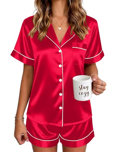 Ekouaer Pajamas for Women Short Sleeve Satin Sleepwear Button Down Silk Pjs Set Soft 2 Piece Lounge Sets Red L