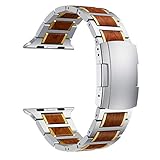 LDFAS Compatible Apple Watch Band 44mm/42mm, Natural Wood Red Sandalwood Silver Stainless Steel Metal Link Bracelet Strap Compatible Apple Watch Series 4/3/2/1