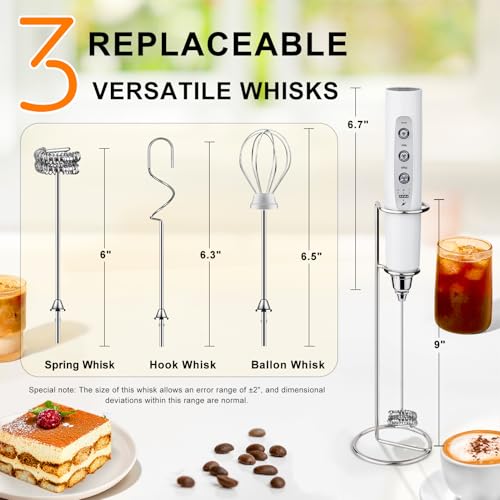 Image of YUSWKO White Handheld Milk Frother Wand with Stand for Coffee, Rechargeable Electric Whisk with 3 Heads 3 Speeds Drink Mixer Coffee Frother For Latte, Cappuccino, Hot Chocolate, Egg