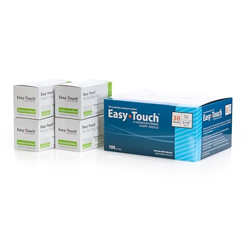 Image of Easy Touch U-100 Insulin Syringe with Needle, 30G 1cc 5 /16-Inch (Box of 100) + Easy Touch Gamma-Sterilized Alcohol Prep Pads (4 Boxes of 100) Bundle, Diabetes Injection Supplies