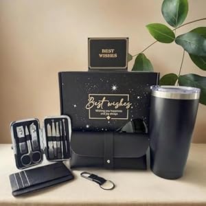 Men’s Gifts Box Set – Best Wishes Grooming & Daily Essentials Kit and Insulated Tumbler, Leather Wallet, Manicure Set, Keychain , Perfect for Birthdays, Holiday Gifts,Anniversaries, Father’s Day