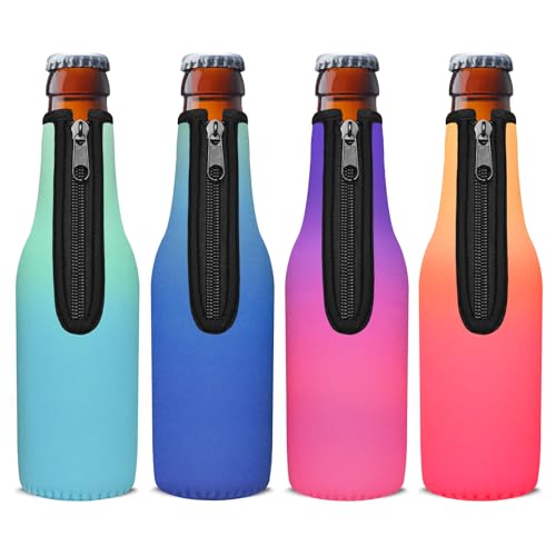 Wegitcs Beer Bottle Cooler Sleeves,Standard Zip-up Extra Thick Neoprene Insulated Sleeve-Keep Beer Cold and Hands Warm,Non-slip 12 OZ Longneck Bottle Holder with Bottle Opener (Gradient Color,4 Pack)
