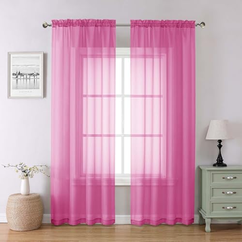 Lecloud Hot Pink Sheer Curtains for Bedroom 84 Inches Long 2 Panels Light Filtering Voile Rod Pockets Window Curtains for Living Room Rustic Farmhouse Decor Drapes Each Panel 42 W x 84 L