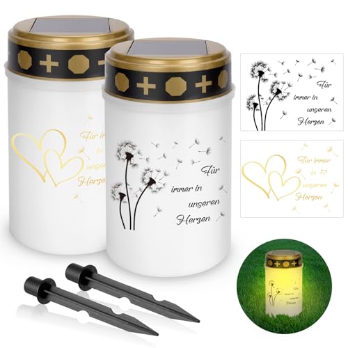 YYSWSAKY Confezione da 2 luci tombali solari per esterni, con picchetto e 8 adesivi, resistenti alle intemperie, a energia solare, con sensore crepuscolare (7 cm x 12 cm) (2)